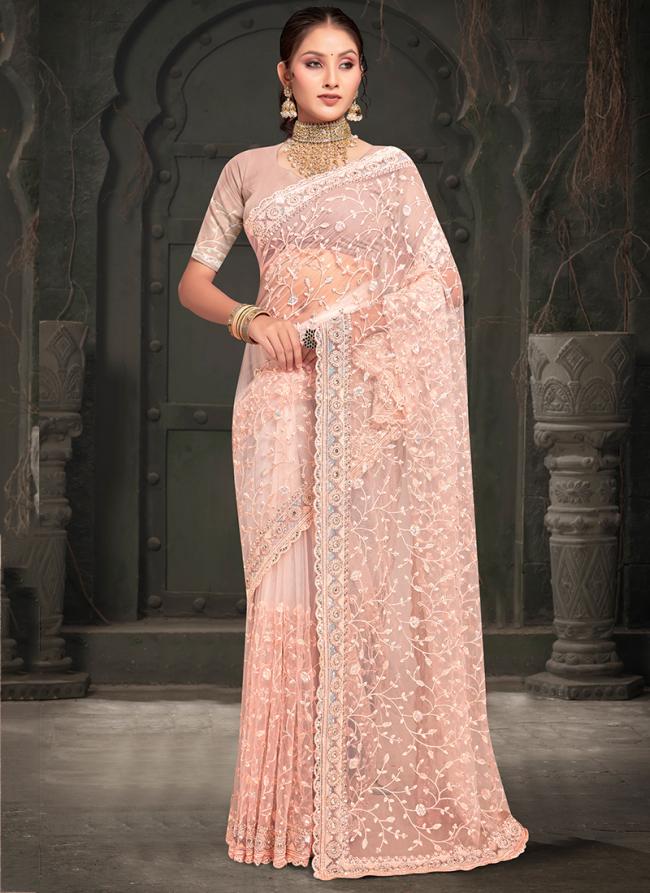 Net Peach Wedding Wear Sequins Work Saree